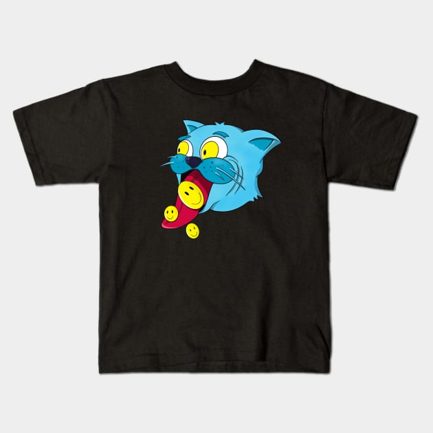 Blue Cat Smile Kitten Cartoon Pet Kids T-Shirt by Foxxy Merch